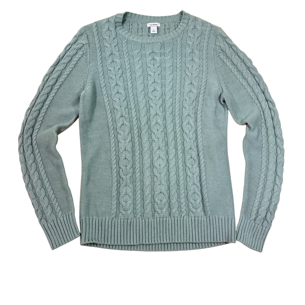 L.L.Bean Women's Sage Green Cotton Cable Knit Crewneck Sweater Size S